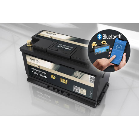 FORSTER Premium LiFePO₄ Batterie 12,8V / 100Ah 200A-BMS-2.0, 500A Bluetooth-Mess-Shunt Ducato Ford PSA VWT6 MAN-TGE